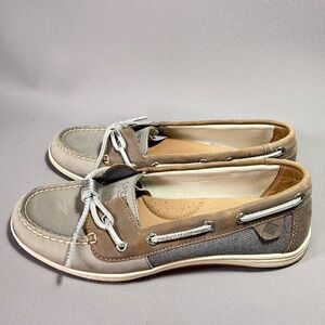 SPERRY Barrelfish Tan and Gray Leather and Canvas Boat Shoes